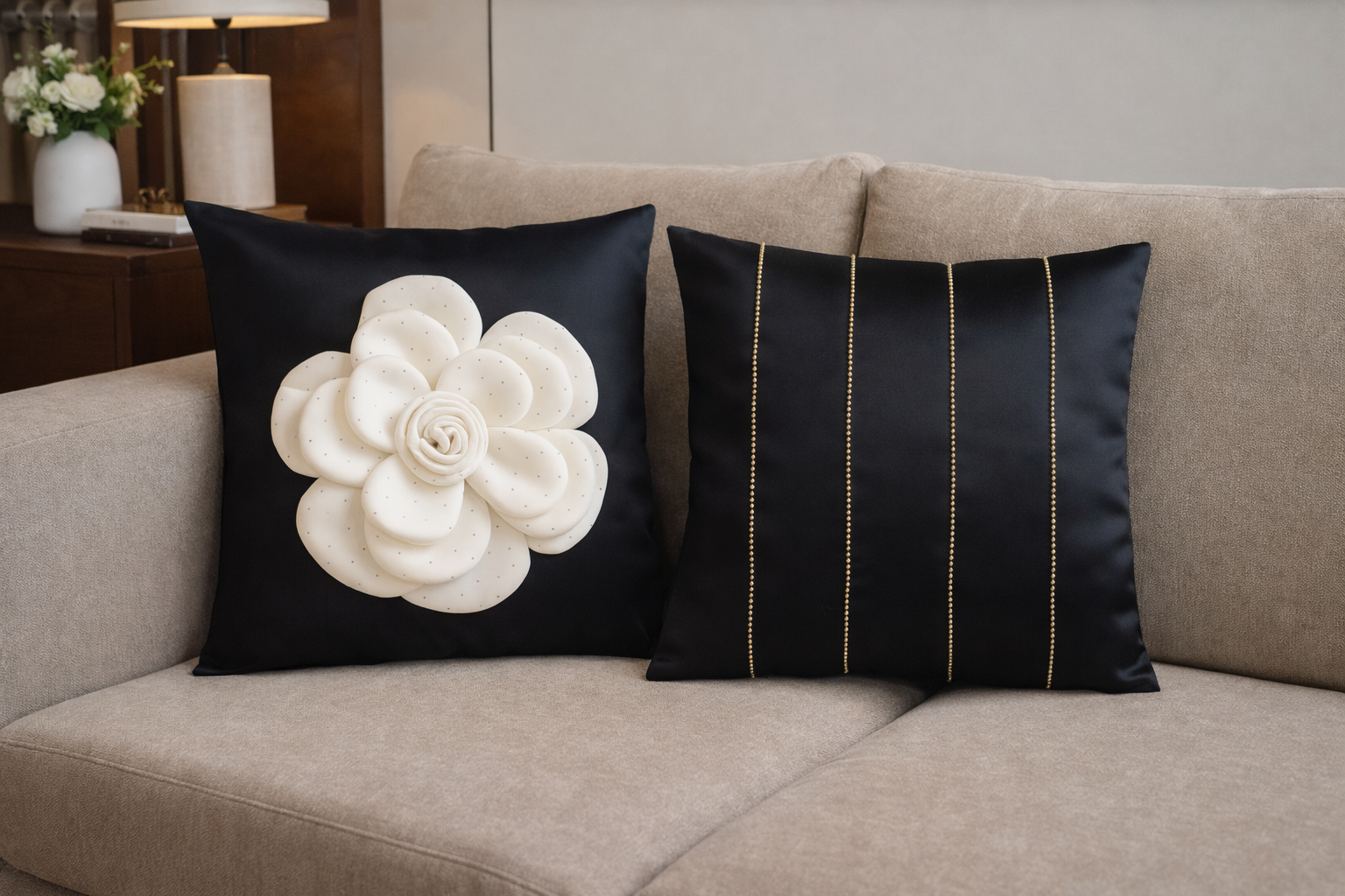 Creemoda Set of 2 Black Satin Cushion Cover 16 X 16 Inch with White 3D Flower and Stone Studded