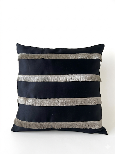 Creemoda Black Satin Cushion Cover with Golden Flare Ribbon  16 X 16 Inch