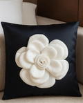 Creemoda Black Satin Cushion Cover with 3D White Flower & Stone Detail – 16x16 Inch Luxury Decorative Pillow