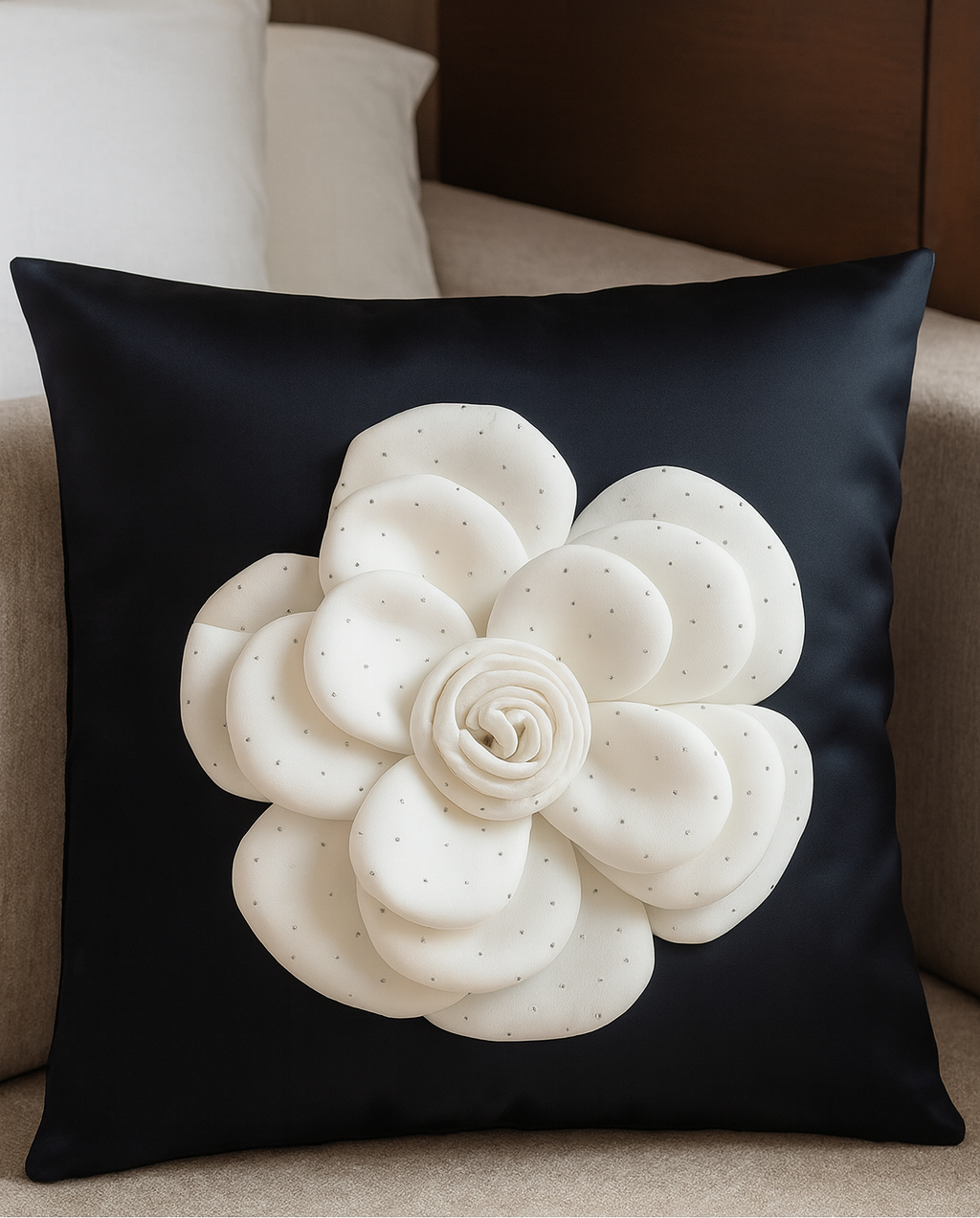 Creemoda Black Satin Cushion Cover with 3D White Flower & Stone Detail – 16x16 Inch Luxury Decorative Pillow