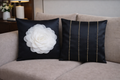 Set of 2 Black Satin Cushion Covers | White Organza Flower, Stone Studded, 16x16 Inch