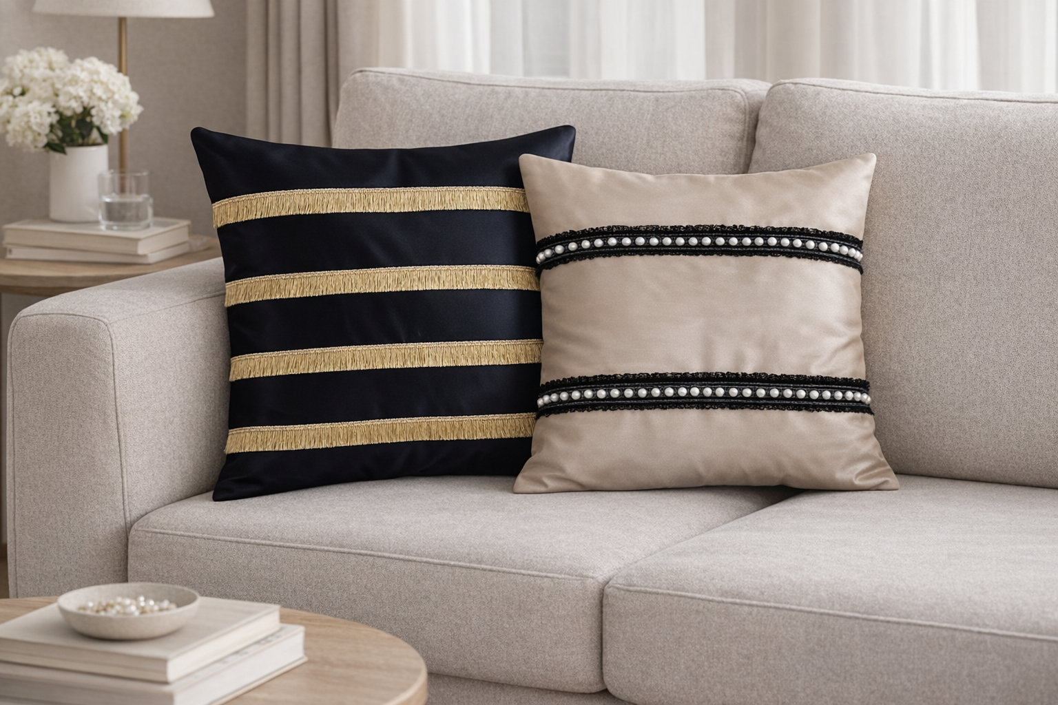 Set of 2 Black and Beige Satin Cushion Cover with Fringe and Lace– 16x16 Modern Home Decor