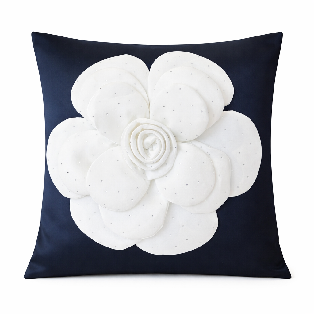 Creemoda Black Satin Cushion Cover with 3D White Flower & Stone Detail – 16x16 Inch Luxury Decorative Pillow