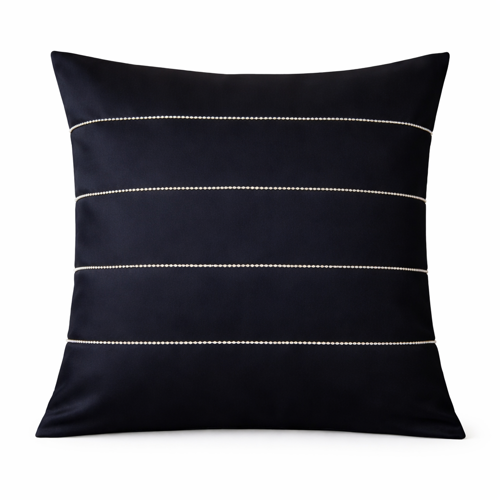 Creemoda Black Satin Cushion Cover with Silver Stripe Stone Detail – 16x16 Inch Luxury Decorative Pillow