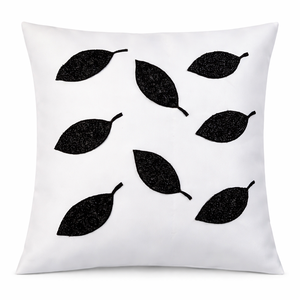 Creemoda White Satin Cushion Cover with Handmade 8 Cut Dana Sparkling Beaded Leaf 16 X 16 Inch