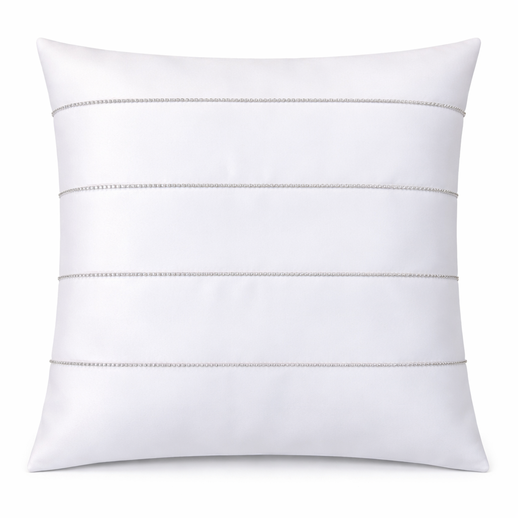 Creemoda White Satin Cushion Cover with Silver Stripe Stone Detail – 16x16 Inch Luxury Decorative Pillow