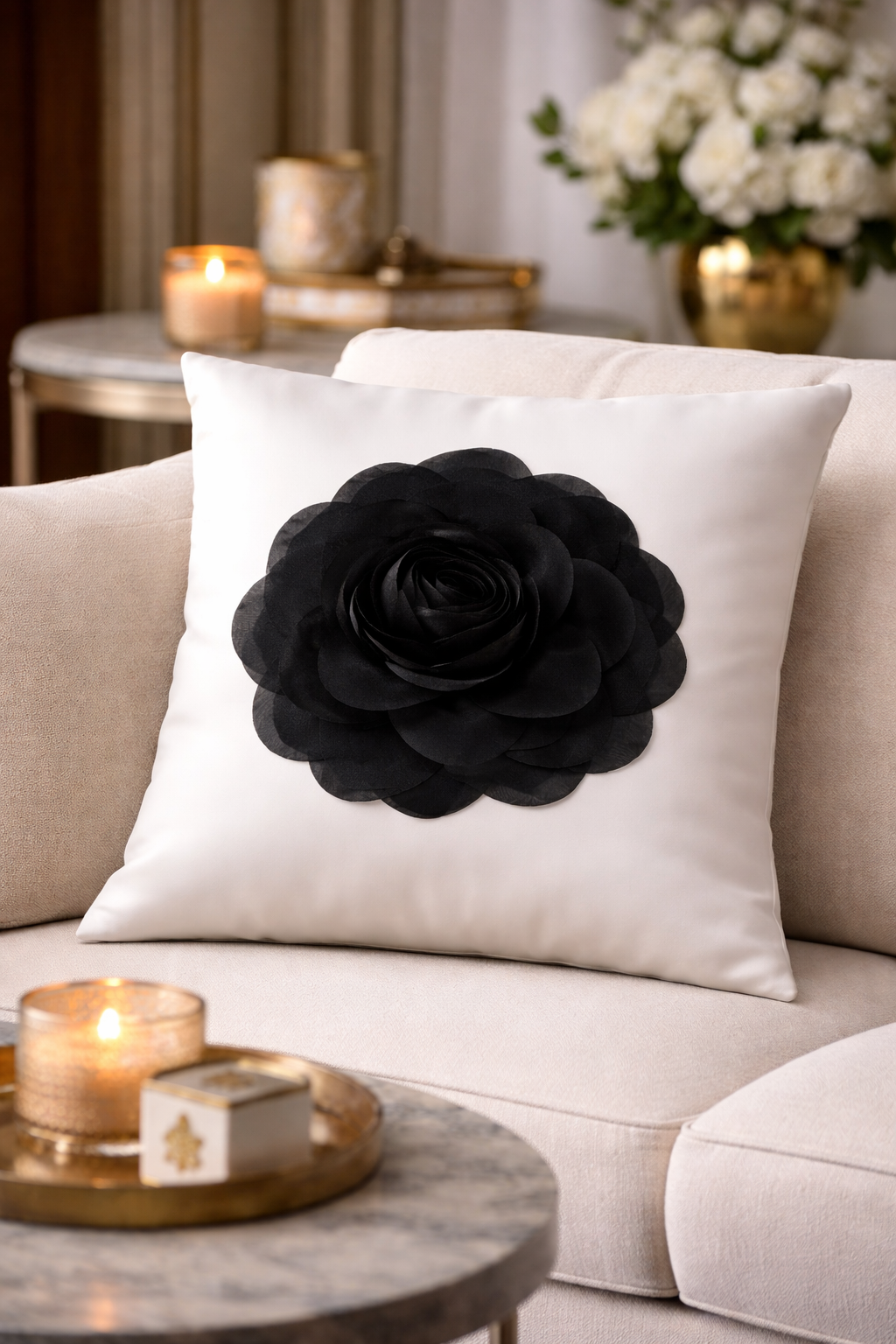 White Satin Cushion Cover with organza flower 16 X 16 Inch