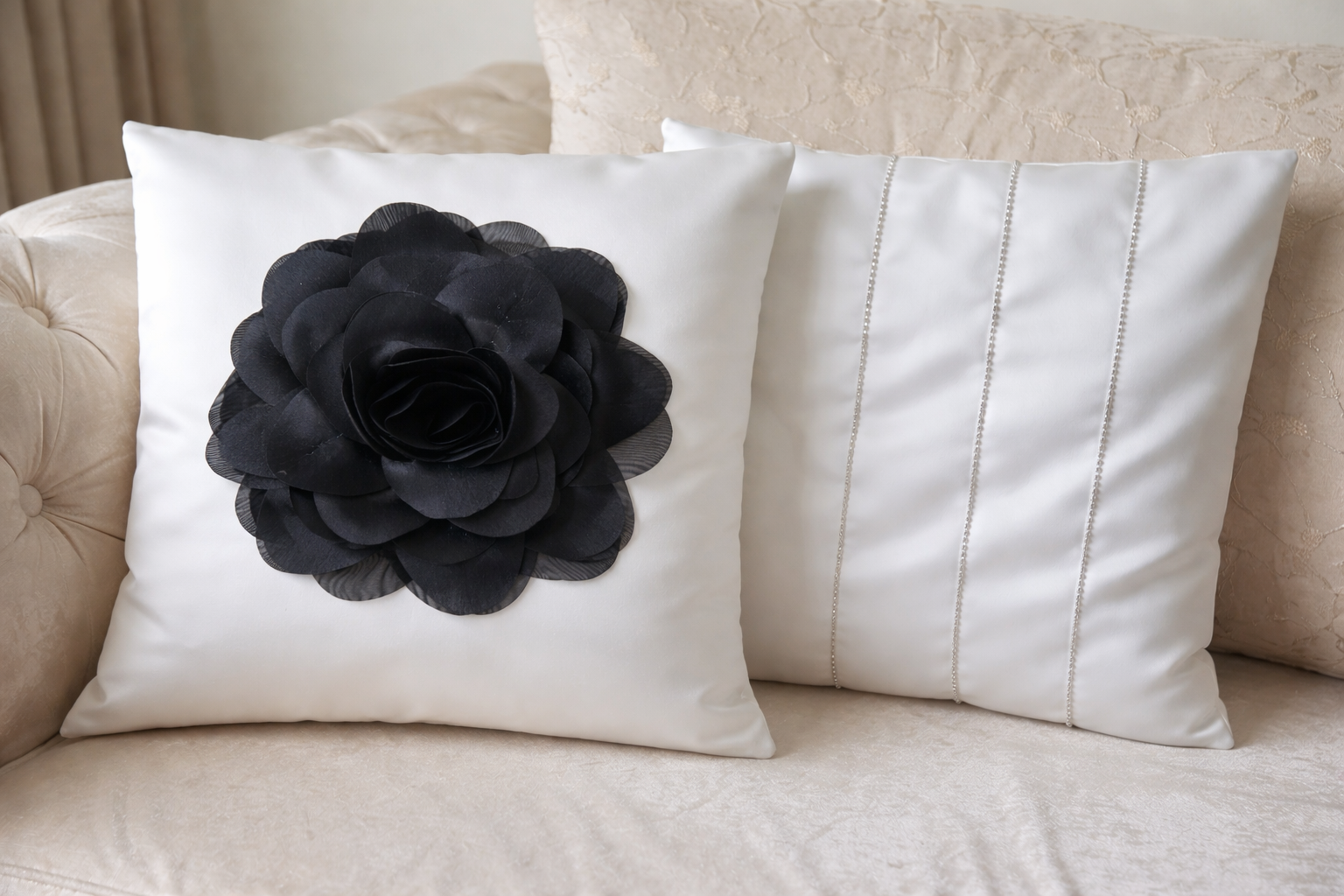 Set of 2 White Satin Cushion Covers | White Organza Flower, Stone Studded, 16x16 Inch