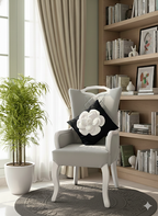 Creemoda Black Satin Cushion Cover with 3D White Flower & Stone Detail – 16x16 Inch Luxury Decorative Pillow