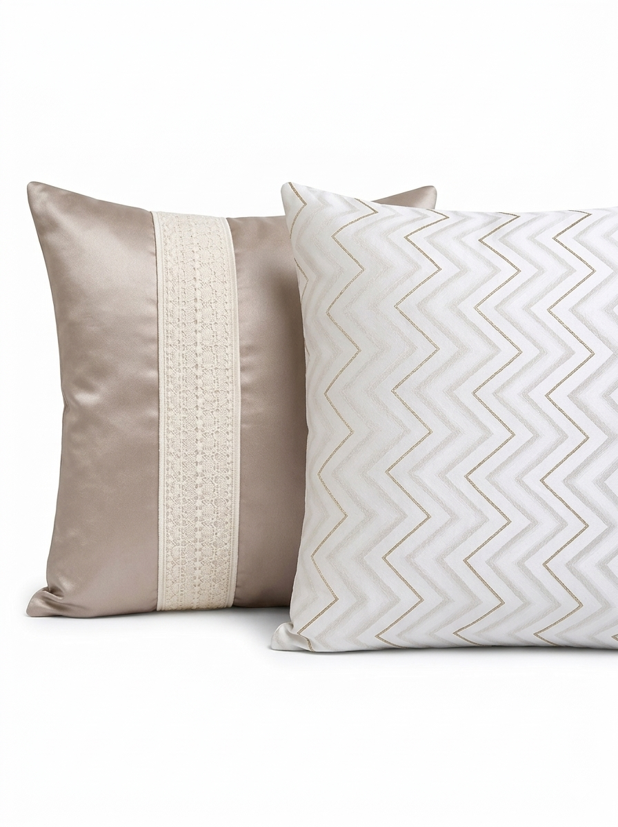 Set of 2 Beige Satin Cushion Covers Set | Gold Chevron Modern Luxury Home Decor (16x16)