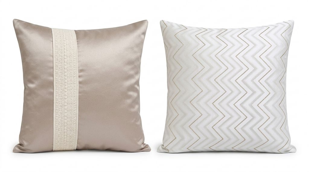 Set of 2 Beige Satin Cushion Covers Set | Gold Chevron Modern Luxury Home Decor (16x16)