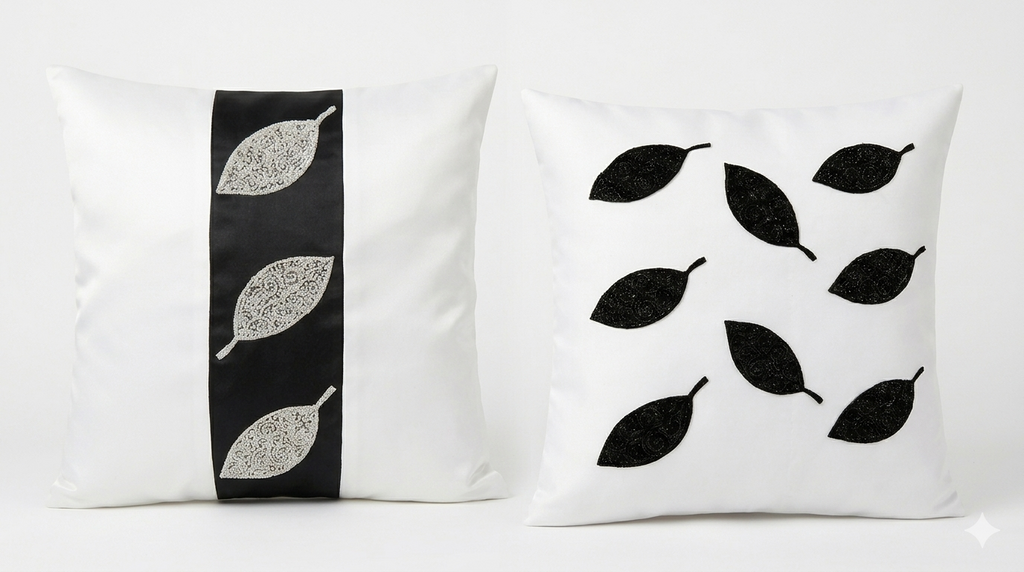 Creemoda White Satin Set of 2 Cushion Cover 16 x 16 Inch  With Handmade Sparkling Bead Leaf
