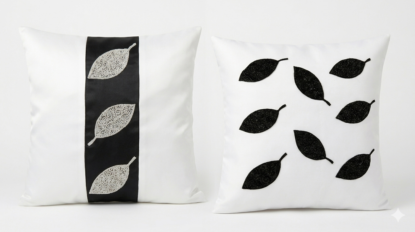 Creemoda White Satin Set of 2 Cushion Cover 16 x 16 Inch  With Handmade Sparkling Bead Leaf