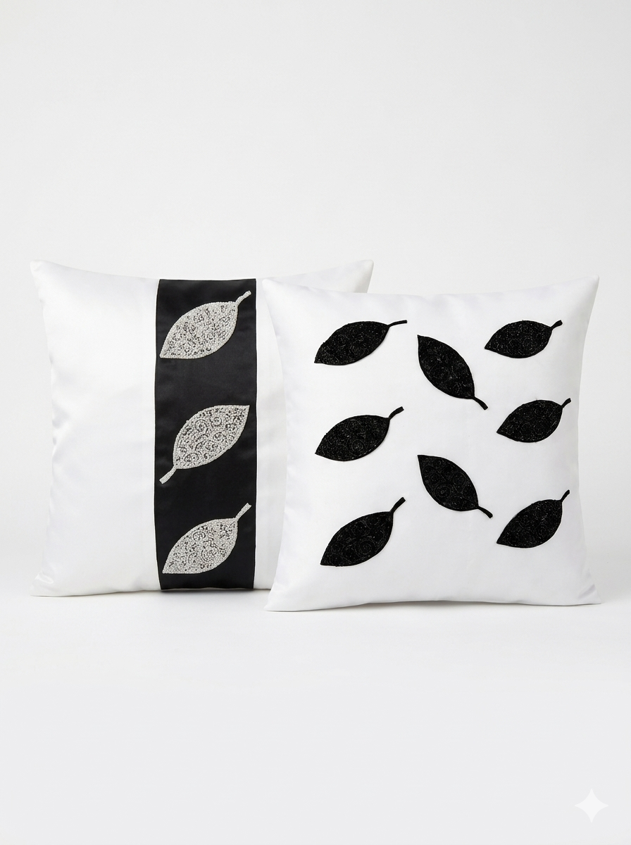 Creemoda White Satin Set of 2 Cushion Cover 16 x 16 Inch  With Handmade Sparkling Bead Leaf