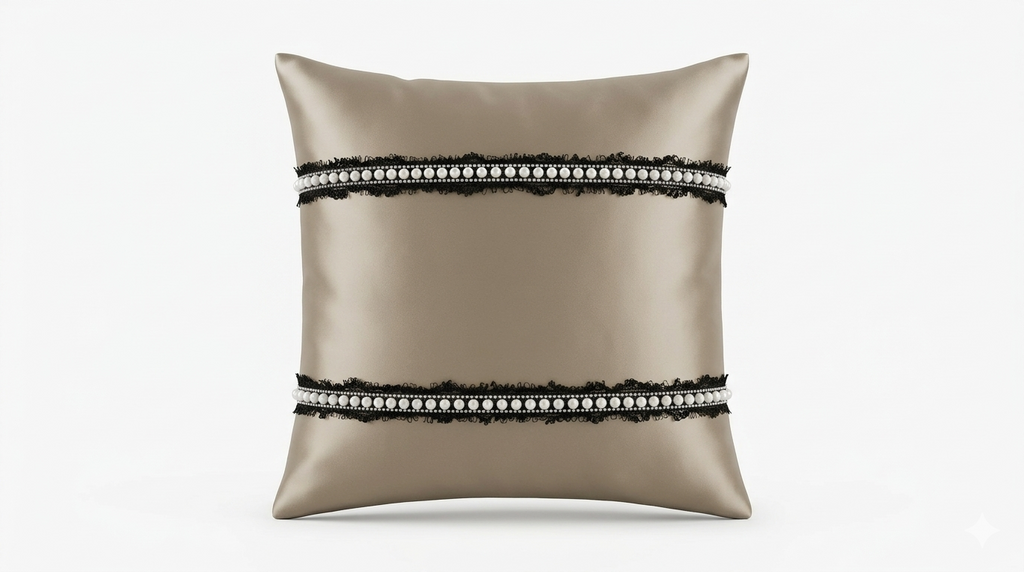 Creemoda Luxury Satin Lace & Pearl Cushion Cover – Beige Designer Pillow – 16x16 Inch
