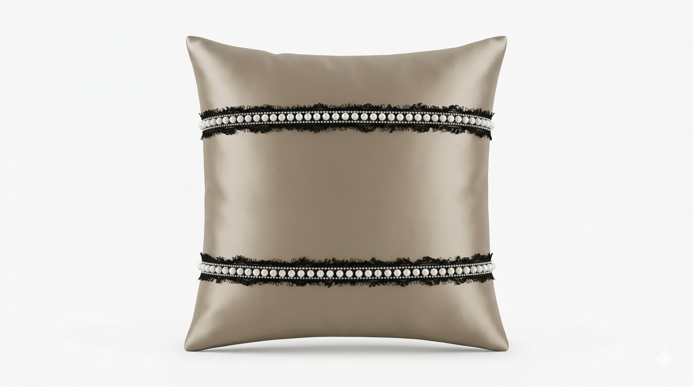 Creemoda Luxury Satin Lace & Pearl Cushion Cover – Beige Designer Pillow – 16x16 Inch