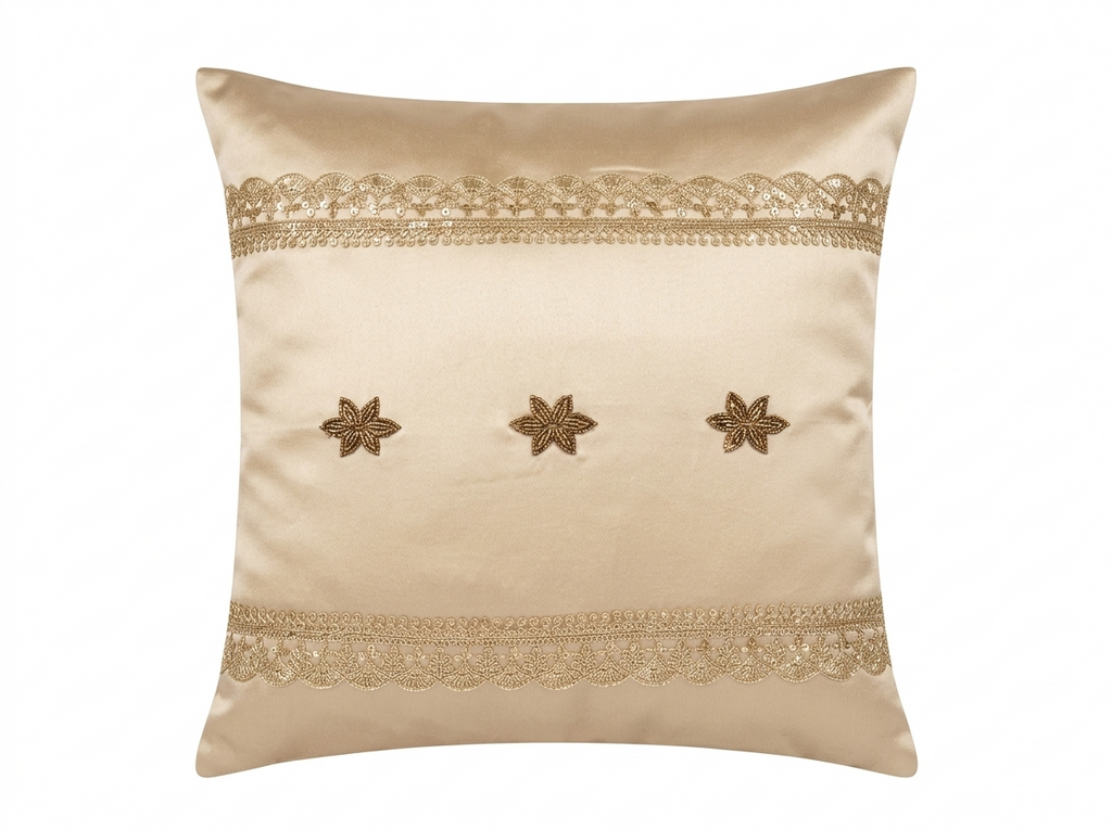 Creemoda Beige Satin Decorative Cushion 16x16in Luxury Pillow with with Golden Lace and Buti Flower