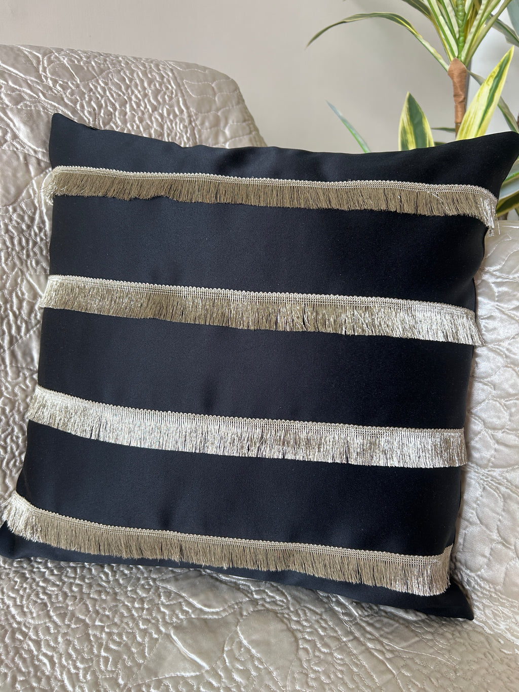 Creemoda Black Satin Cushion Cover with Golden Flare Ribbon  16 X 16 Inch