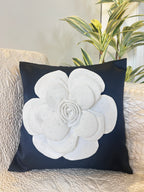 Creemoda Black Satin Cushion Cover with 3D White Flower & Stone Detail – 16x16 Inch Luxury Decorative Pillow
