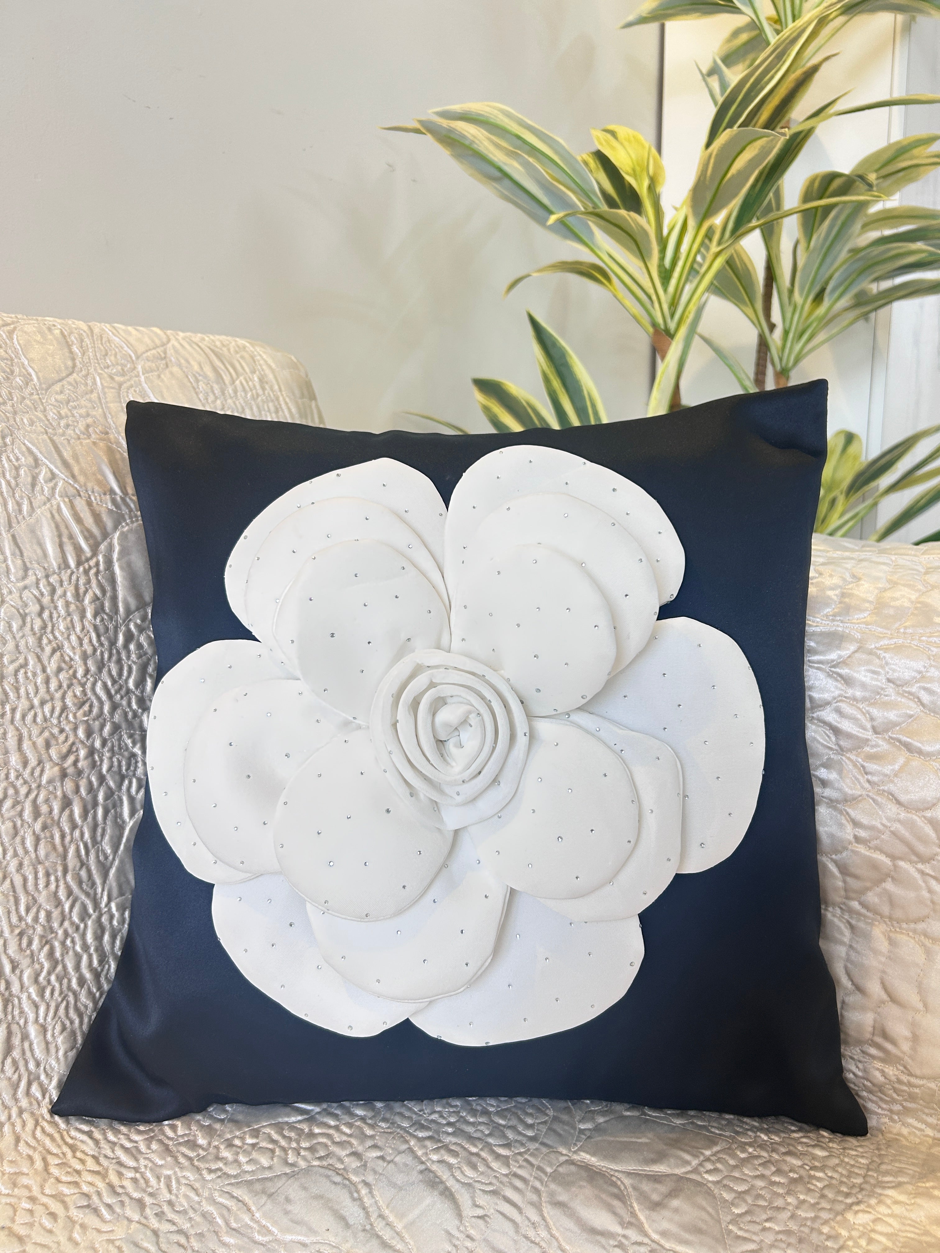 Creemoda Black Satin Cushion Cover with 3D White Flower & Stone Detail – 16x16 Inch Luxury Decorative Pillow