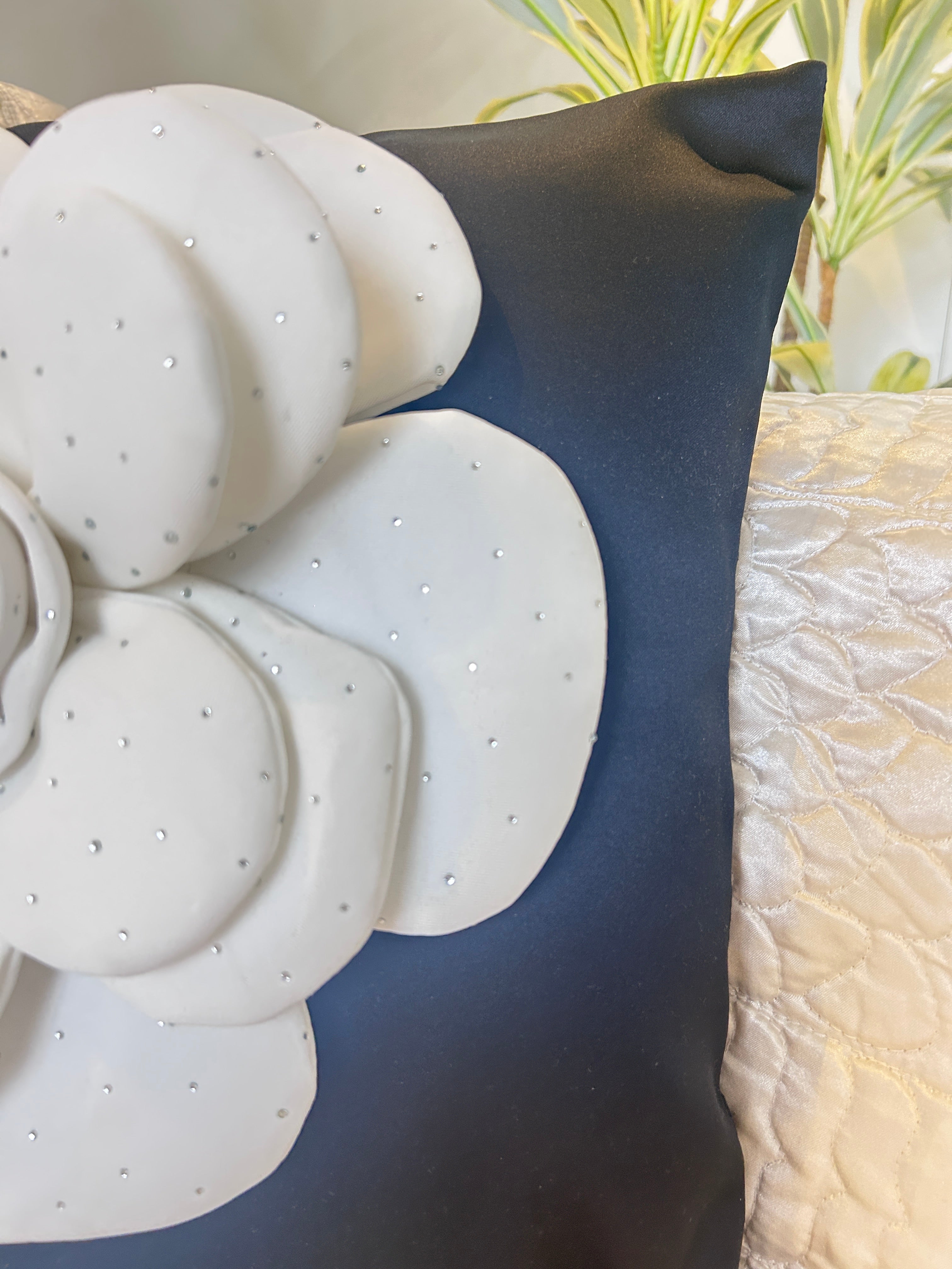 Creemoda Black Satin Cushion Cover with 3D White Flower & Stone Detail – 16x16 Inch Luxury Decorative Pillow