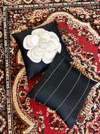 Creemoda Set of 2 Black Satin Cushion Cover 16 X 16 Inch with White 3D Flower and Stone Studded
