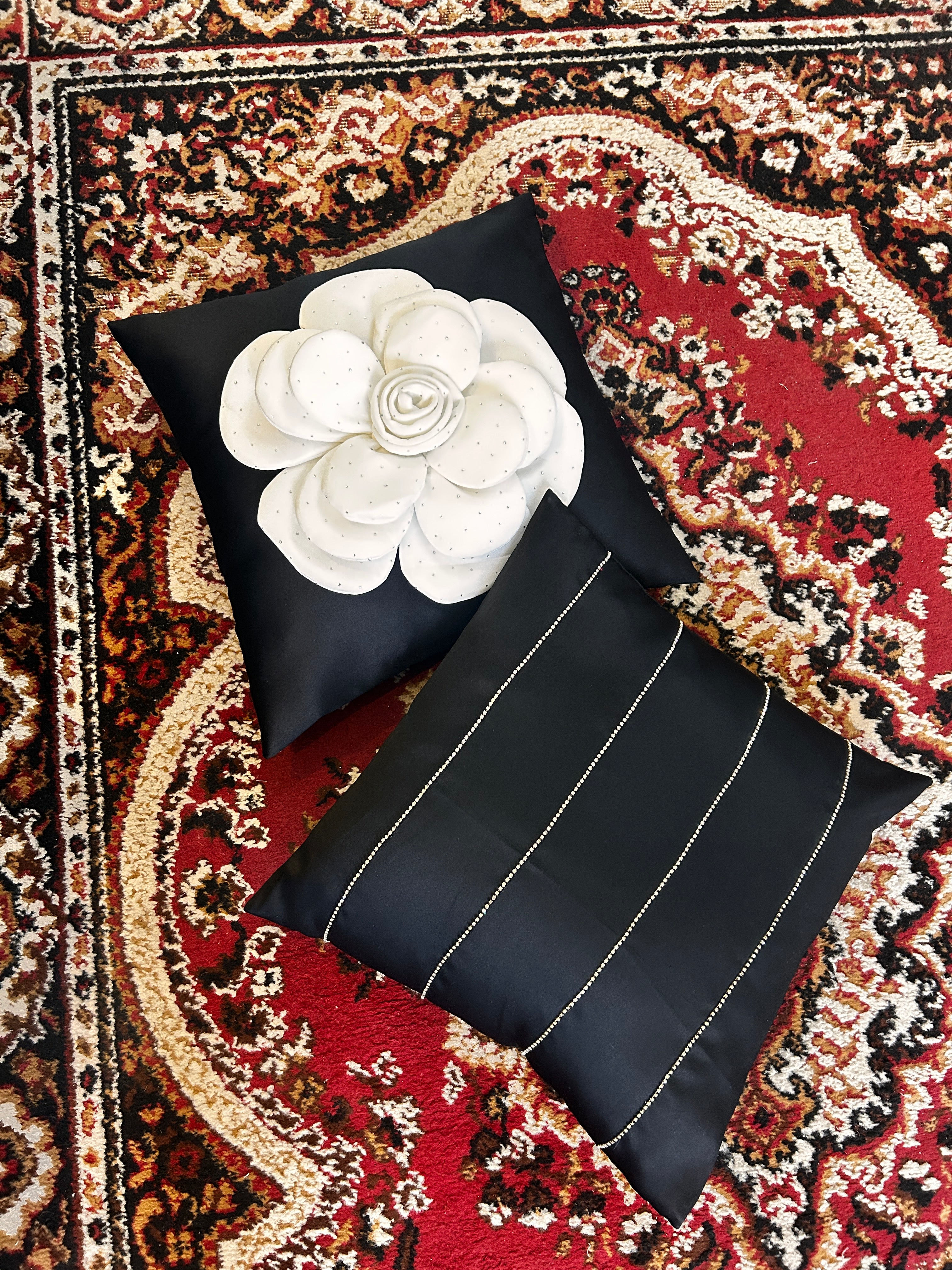 Creemoda Set of 2 Black Satin Cushion Cover 16 X 16 Inch with White 3D Flower and Stone Studded