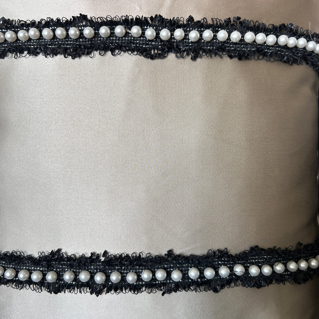 Creemoda Luxury Satin Lace & Pearl Cushion Cover – Beige Designer Pillow – 16x16 Inch
