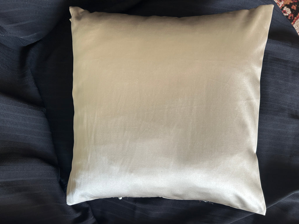 Creemoda Luxury Satin Lace & Pearl Cushion Cover – Beige Designer Pillow – 16x16 Inch