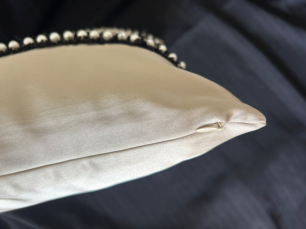 Creemoda Luxury Satin Lace & Pearl Cushion Cover – Beige Designer Pillow – 16x16 Inch