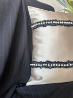 Creemoda Luxury Satin Lace & Pearl Cushion Cover – Beige Designer Pillow – 16x16 Inch
