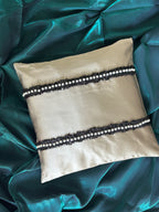 Creemoda Luxury Satin Lace & Pearl Cushion Cover – Beige Designer Pillow – 16x16 Inch