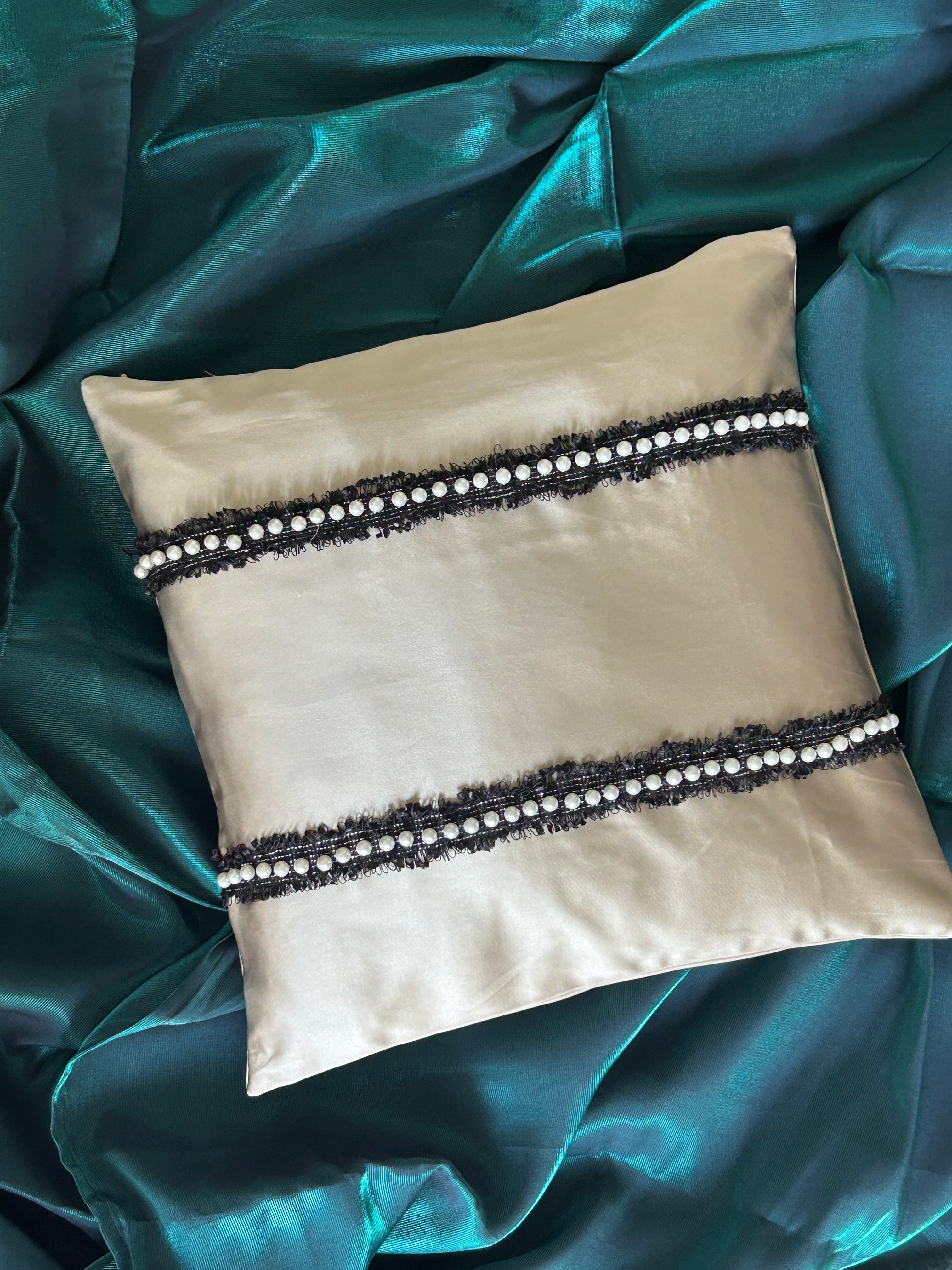 Creemoda Luxury Satin Lace & Pearl Cushion Cover – Beige Designer Pillow – 16x16 Inch