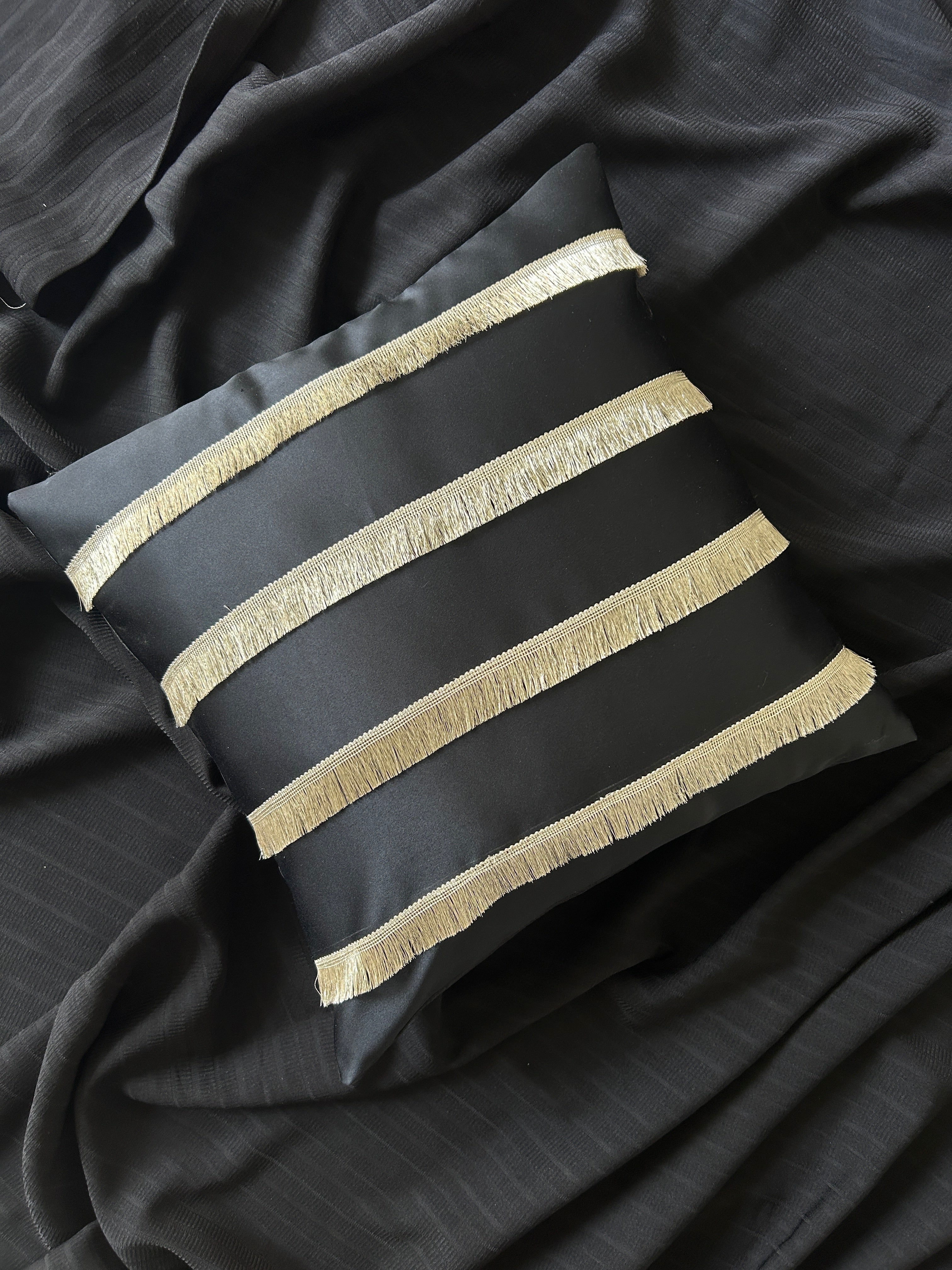 Creemoda Black Satin Cushion Cover with Golden Flare Ribbon  16 X 16 Inch