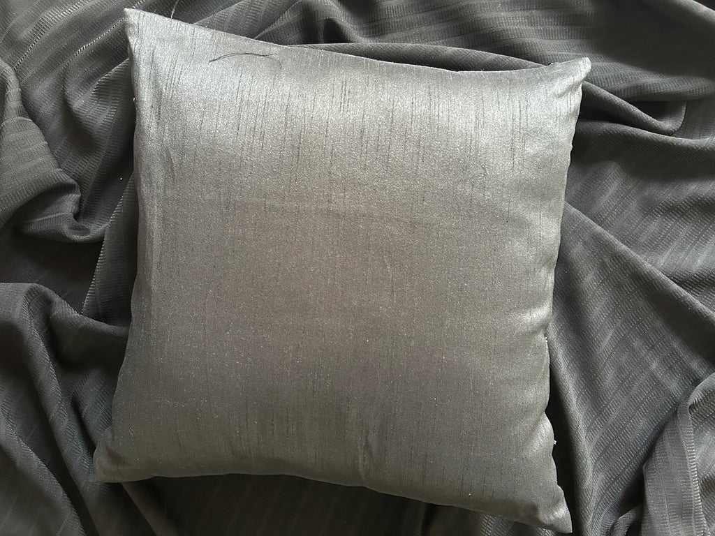 Creemoda Black Satin Cushion Cover with Silver Stripe Stone Detail – 16x16 Inch Luxury Decorative Pillow