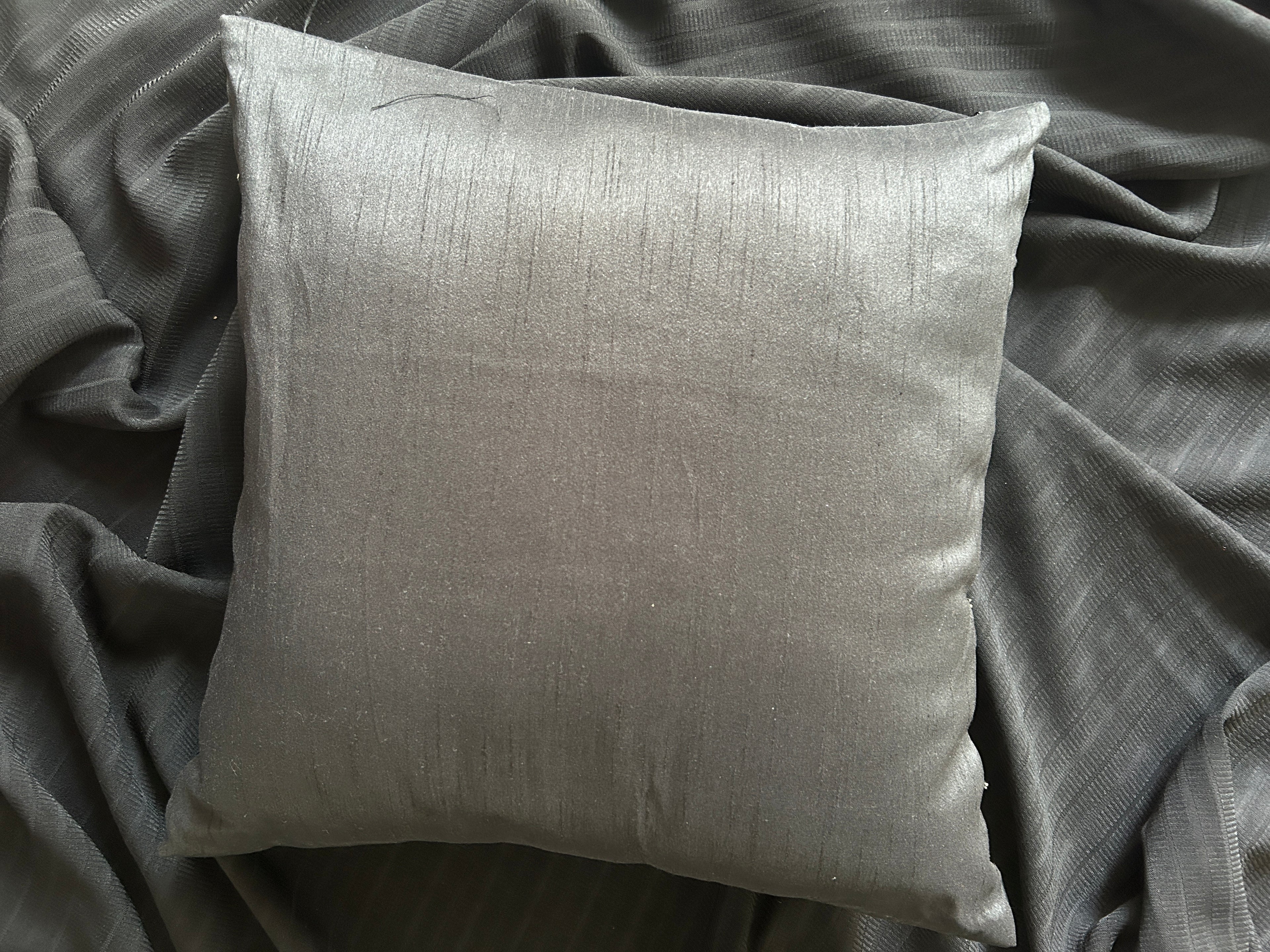 Creemoda Black Satin Cushion Cover with Silver Stripe Stone Detail – 16x16 Inch Luxury Decorative Pillow