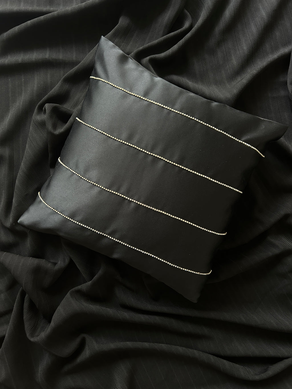 Creemoda Black Satin Cushion Cover with Silver Stripe Stone Detail – 16x16 Inch Luxury Decorative Pillow