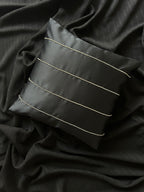 Creemoda Black Satin Cushion Cover with Silver Stripe Stone Detail – 16x16 Inch Luxury Decorative Pillow