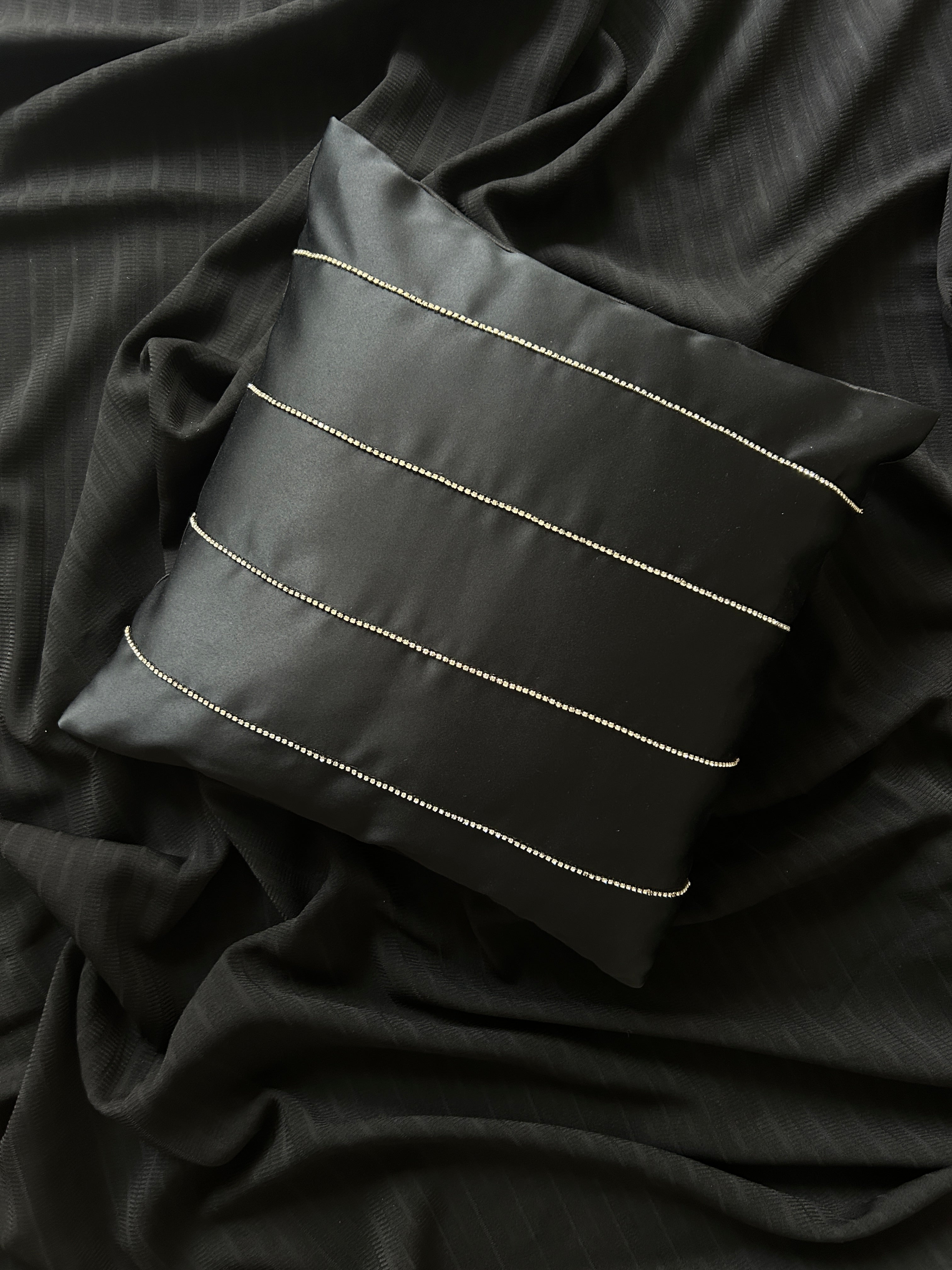 Creemoda Black Satin Cushion Cover with Silver Stripe Stone Detail – 16x16 Inch Luxury Decorative Pillow