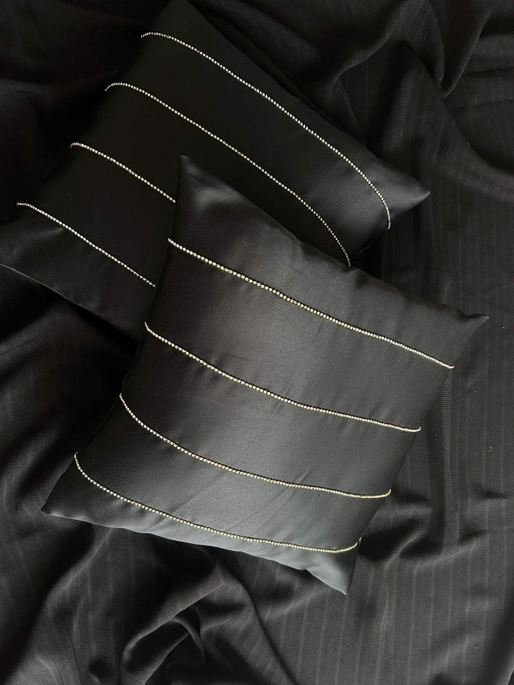 Creemoda Black Satin Cushion Cover with Silver Stripe Stone Detail – 16x16 Inch Luxury Decorative Pillow