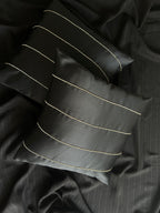 Creemoda Black Satin Cushion Cover with Silver Stripe Stone Detail – 16x16 Inch Luxury Decorative Pillow