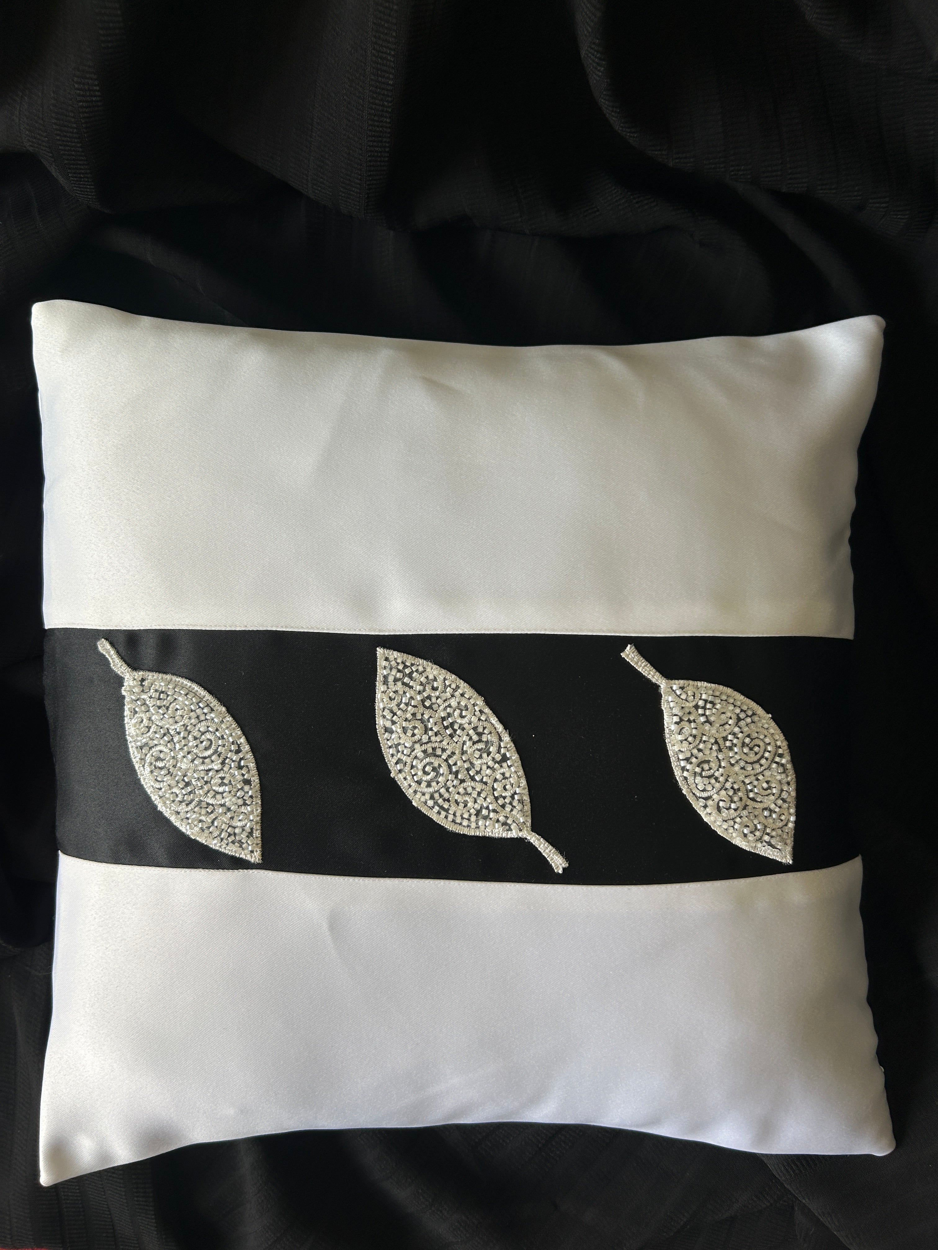 Creemoda Luxury Satin Handcrafted Leaf Design Cushion Cover – 16x16 Inch