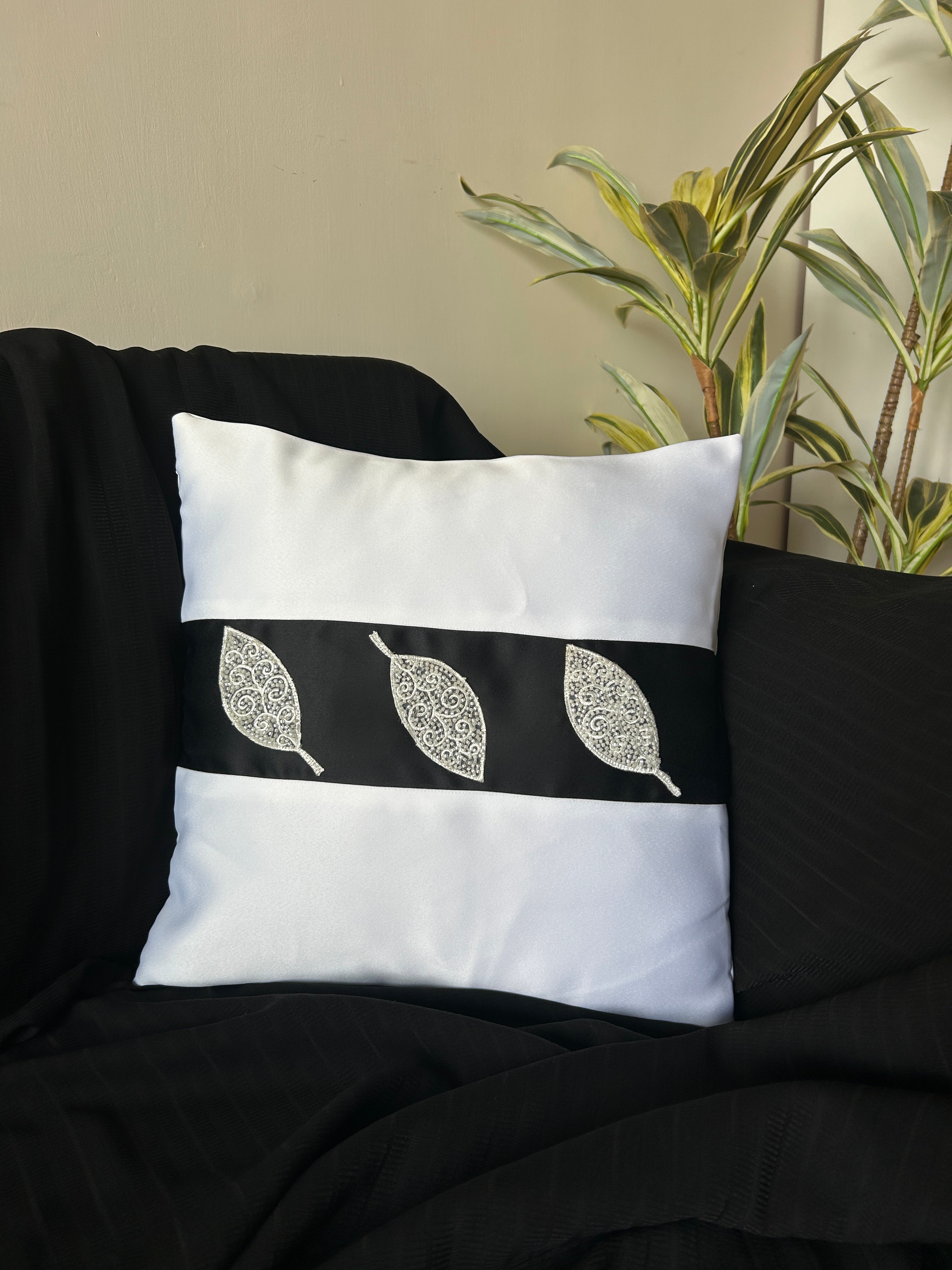 Creemoda Luxury Satin Handcrafted Leaf Design Cushion Cover – 16x16 Inch