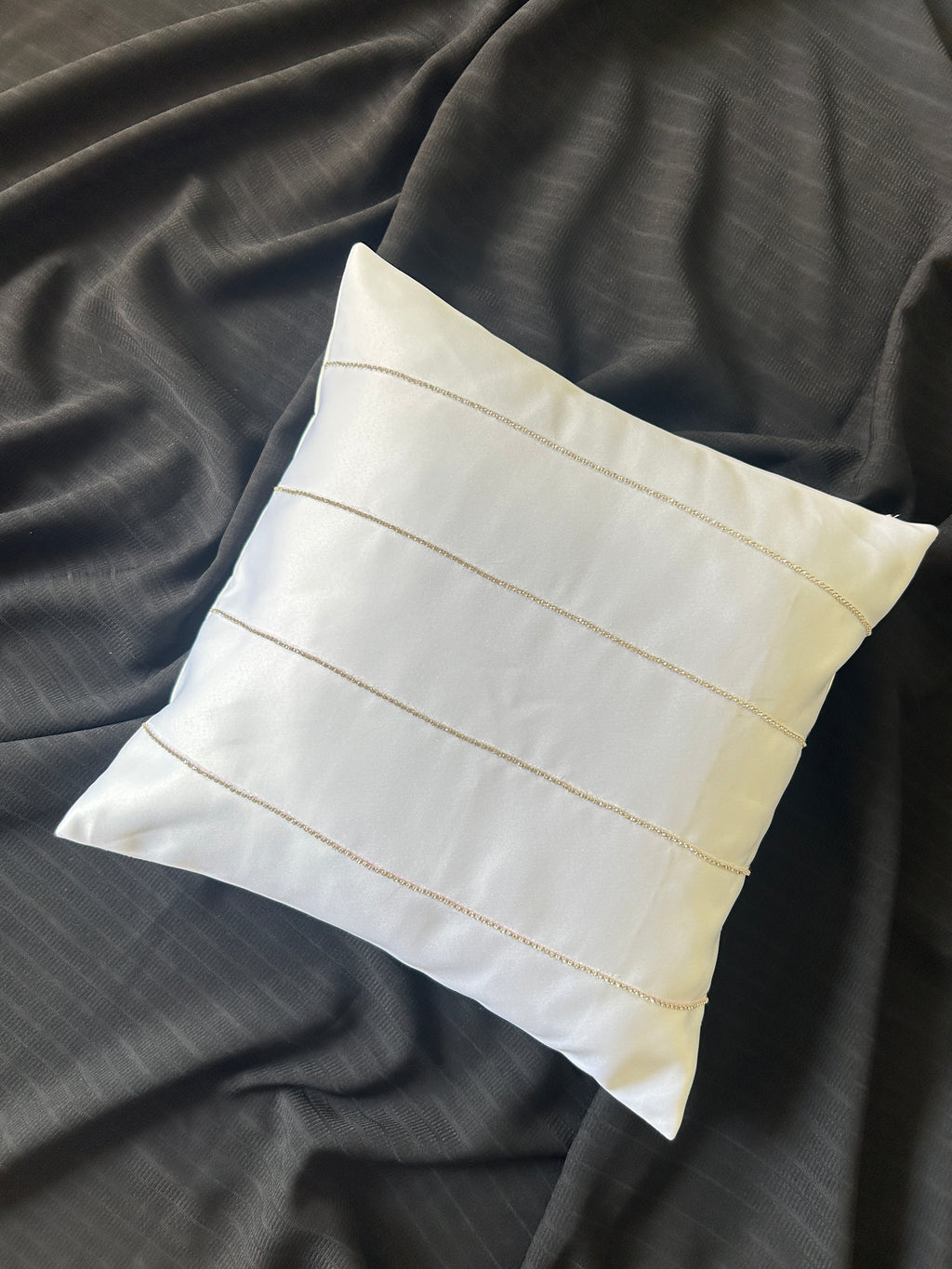 Creemoda White Satin Cushion Cover with Silver Stripe Stone Detail – 16x16 Inch Luxury Decorative Pillow