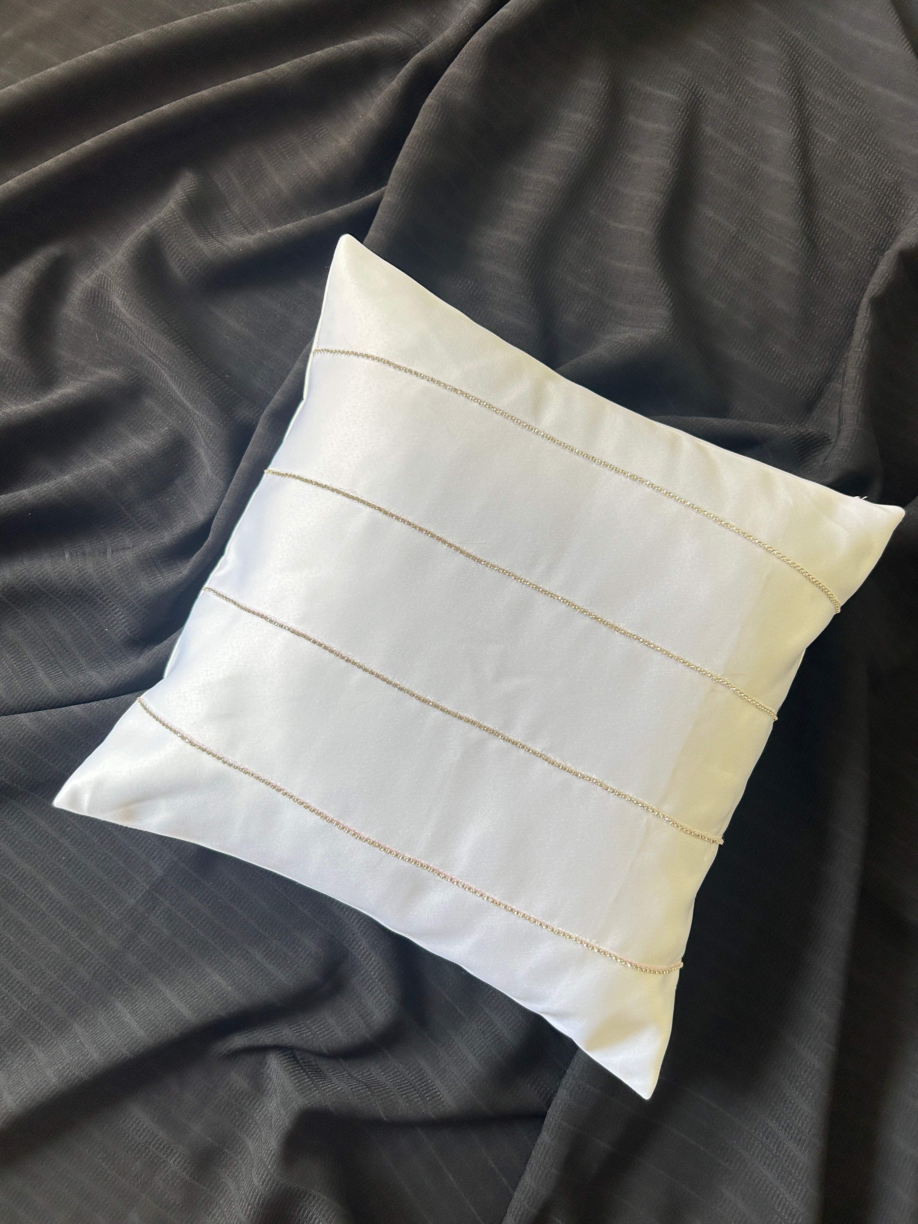 Creemoda White Satin Cushion Cover with Silver Stripe Stone Detail – 16x16 Inch Luxury Decorative Pillow