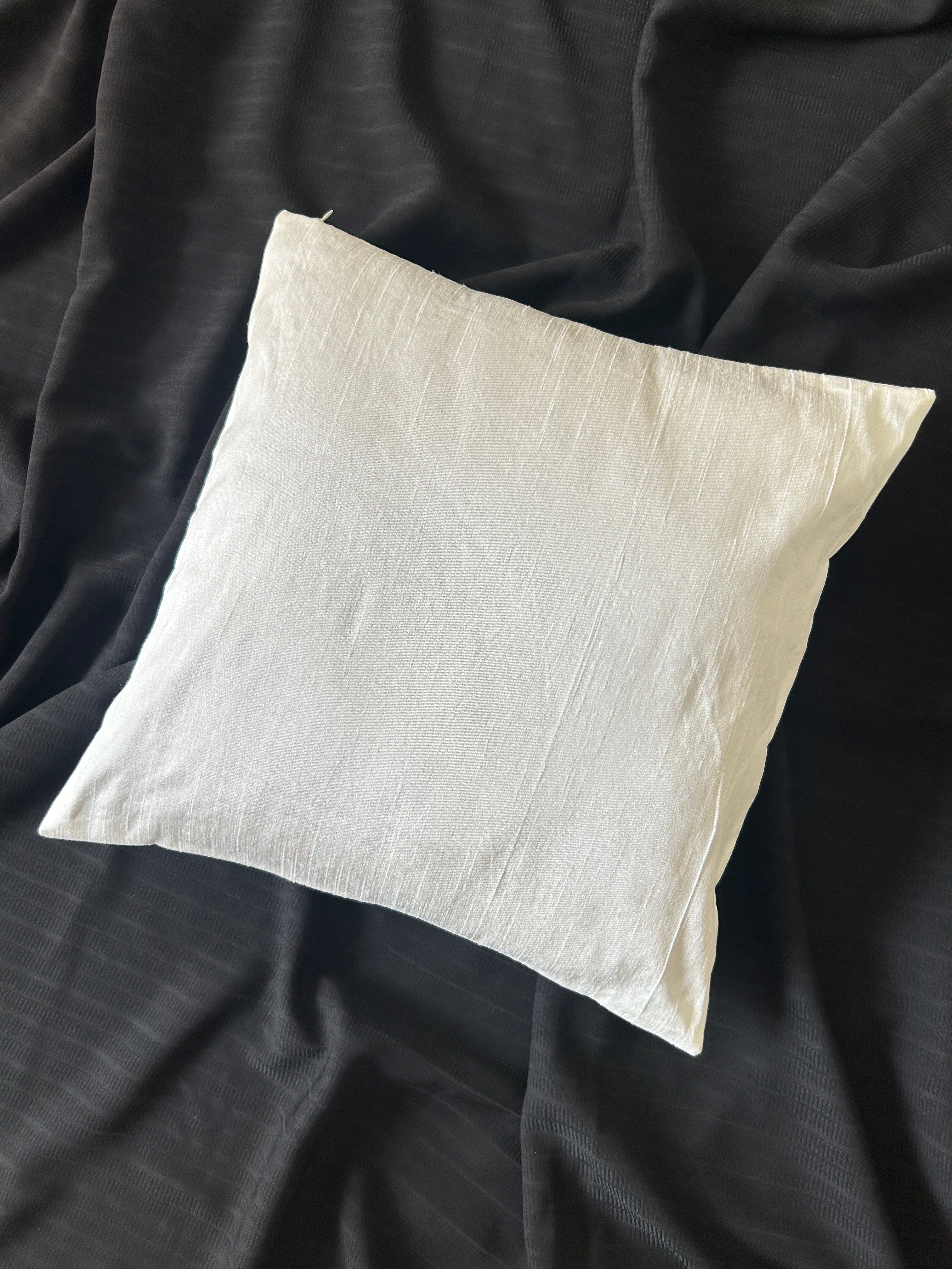 Creemoda White Satin Cushion Cover with Silver Stripe Stone Detail – 16x16 Inch Luxury Decorative Pillow