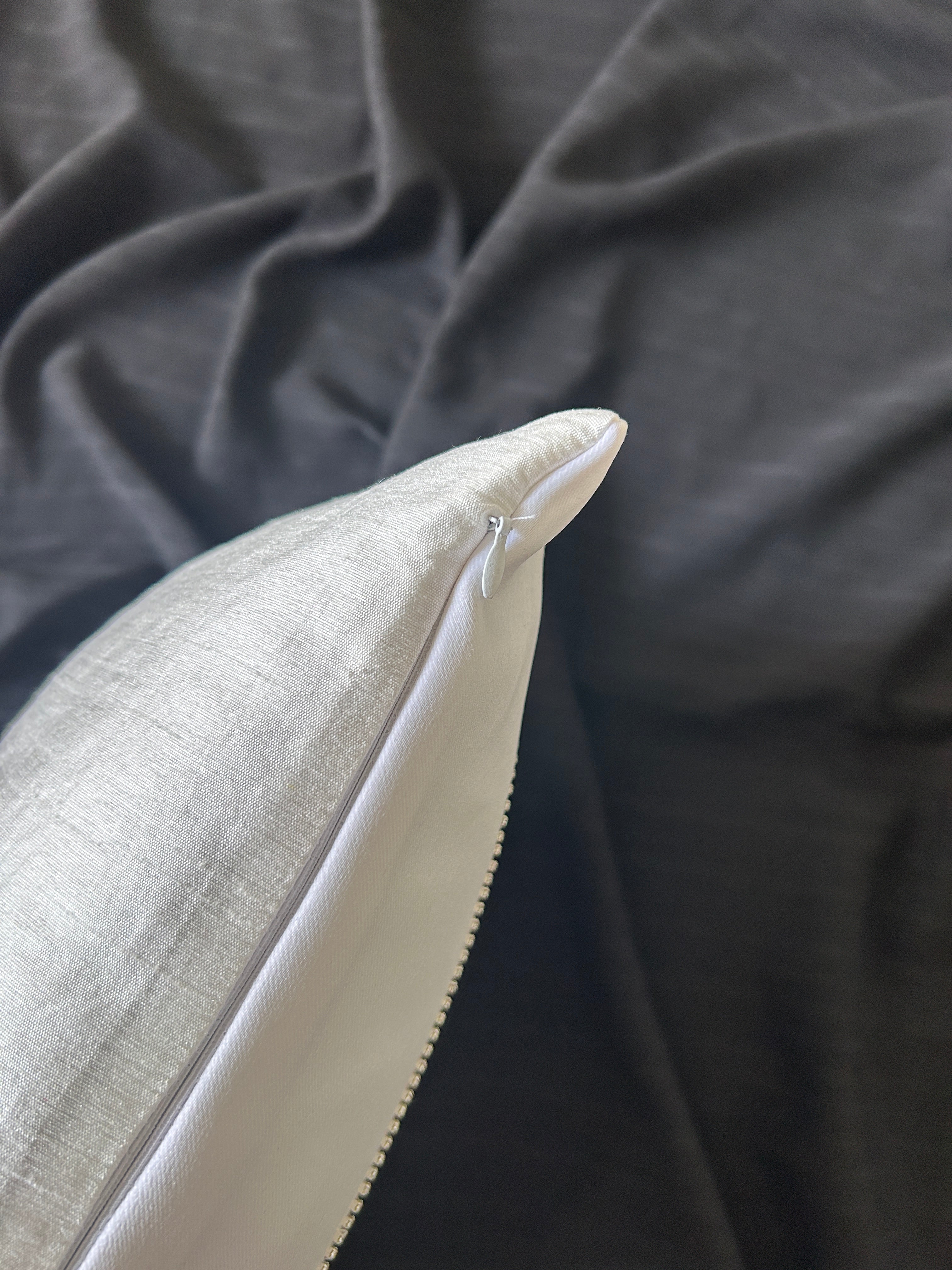 Creemoda White Satin Cushion Cover with Silver Stripe Stone Detail – 16x16 Inch Luxury Decorative Pillow