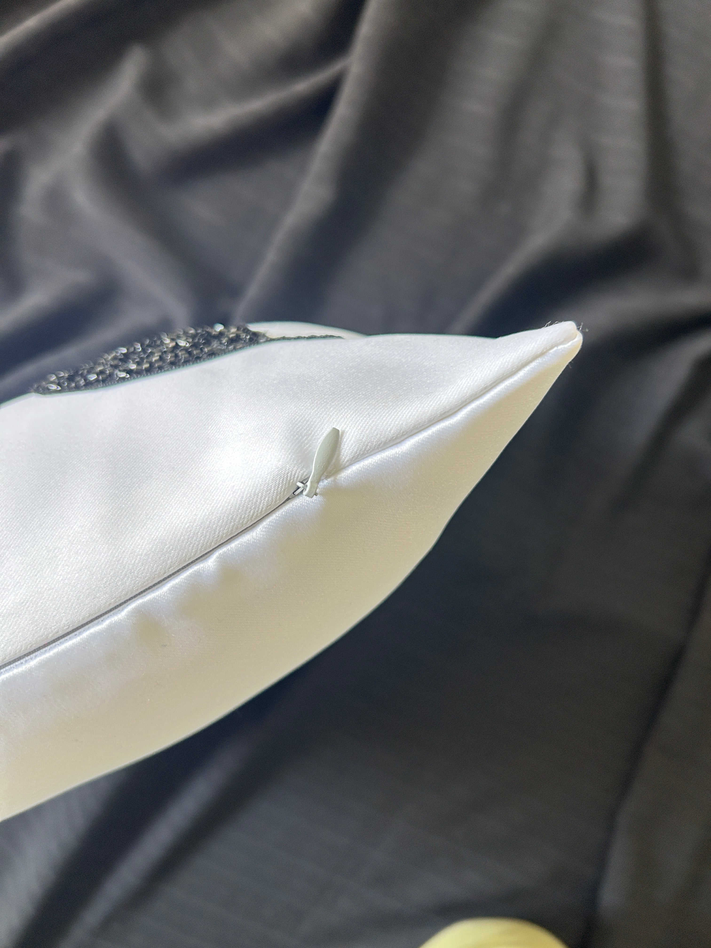 Creemoda White Satin Cushion Cover with Handmade 8 Cut Dana Sparkling Beaded Leaf 16 X 16 Inch