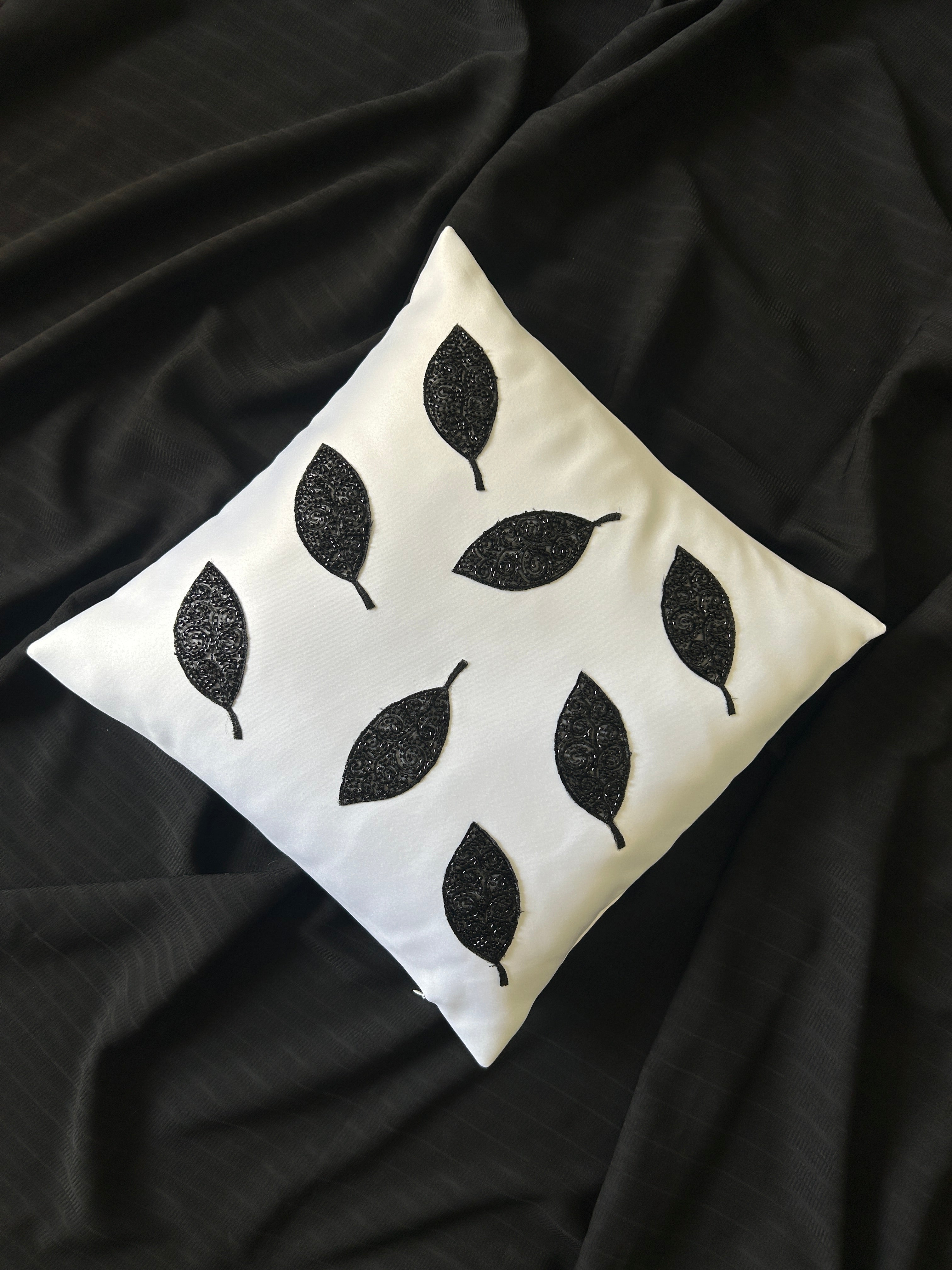 Creemoda White Satin Cushion Cover with Handmade 8 Cut Dana Sparkling Beaded Leaf 16 X 16 Inch