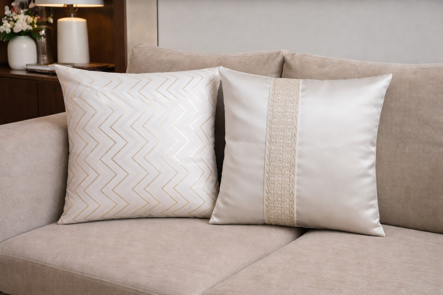 Set of 2 Beige Satin Cushion Covers Set | Gold Chevron Modern Luxury Home Decor (16x16)